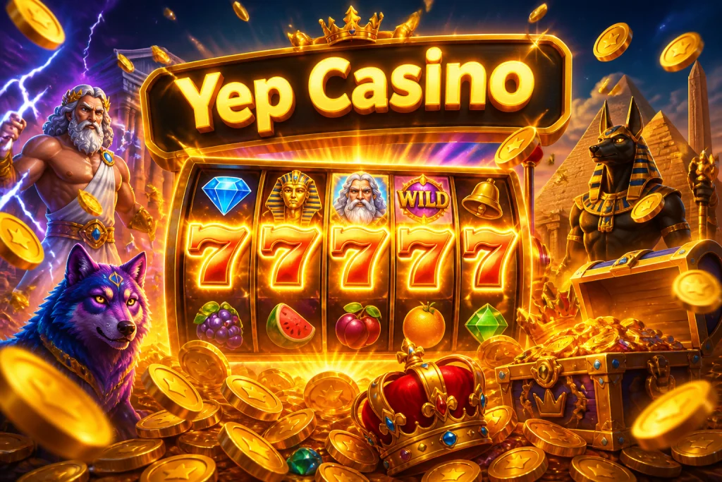 Yep Casino Willkommensbonus: leuchtende Geschenkbox mit Goldmünzen und Freispiel-Walzen