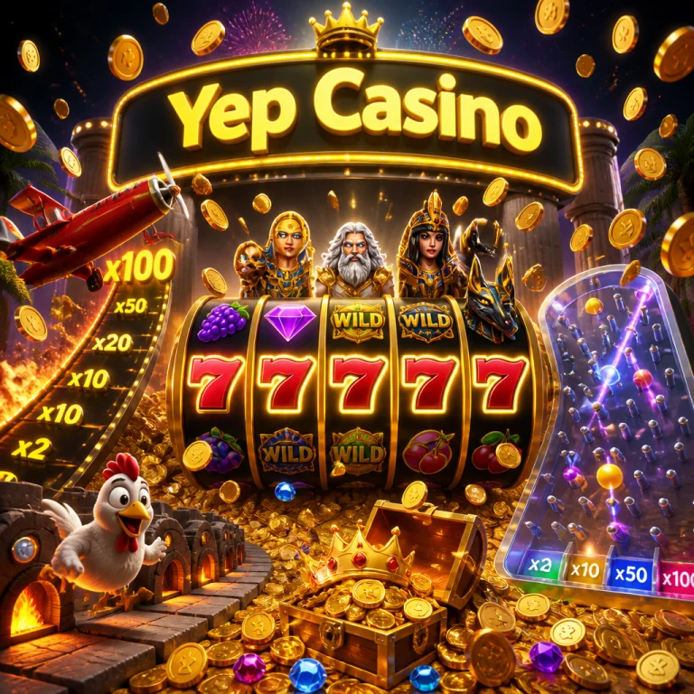 Yep Casino: Bonus-Szene mit Geschenkbox, Goldmünzen und Freispiel-Walzen